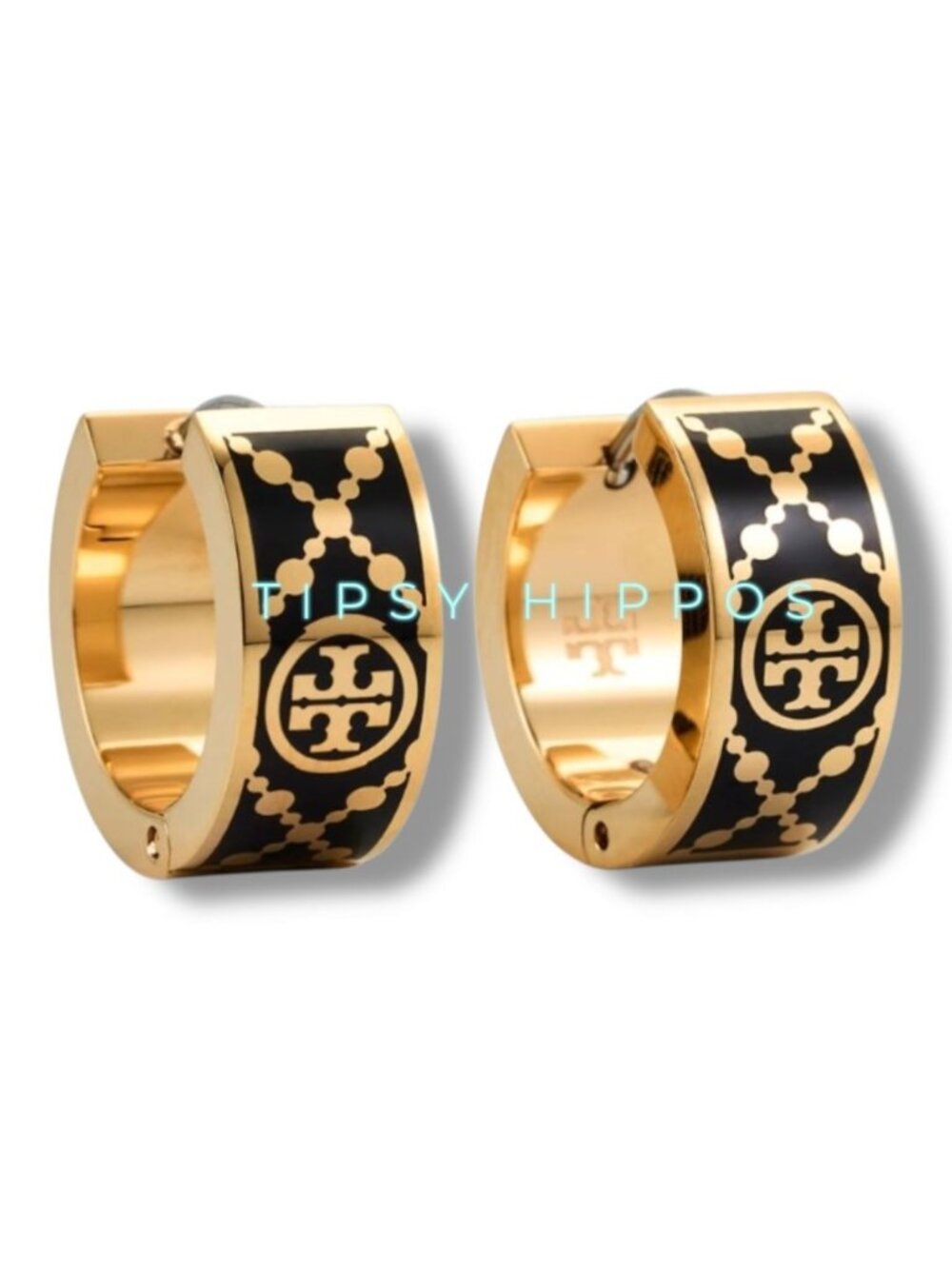 ✺ Tory Burch Black and Gold T-Monogram Huggie Earrings ✺✺